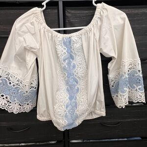 Express White and Blue Lace Blouse